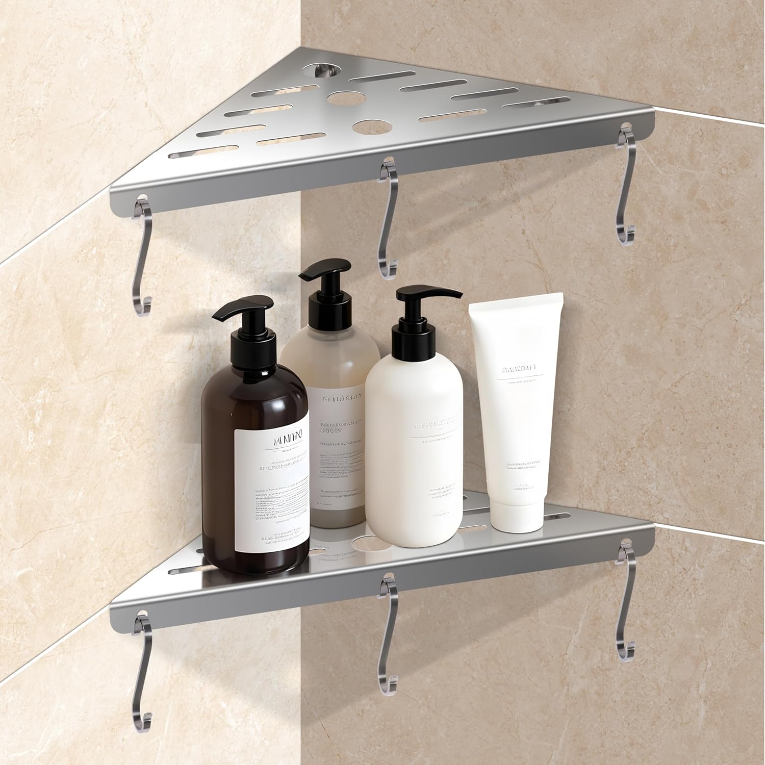 Shower Corner Shelf 304 Stainless Steel Shower Caddy 2 Tier Shower Organizer Niche Extra 6 Hangers Shelves 40 lbs Large Capacity Bathroom Storage for Inside Anti-Rust Drilling Installation(Silver)