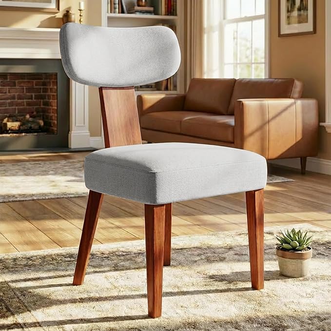 Dining Chairs, Mid-Century Modern Upholstered Kitchen Chairs with Curved Backrest and Linen Fabric Seat, Wood Leg Accent Chairs for Dining Room, Living Room, Bedroom, Grey