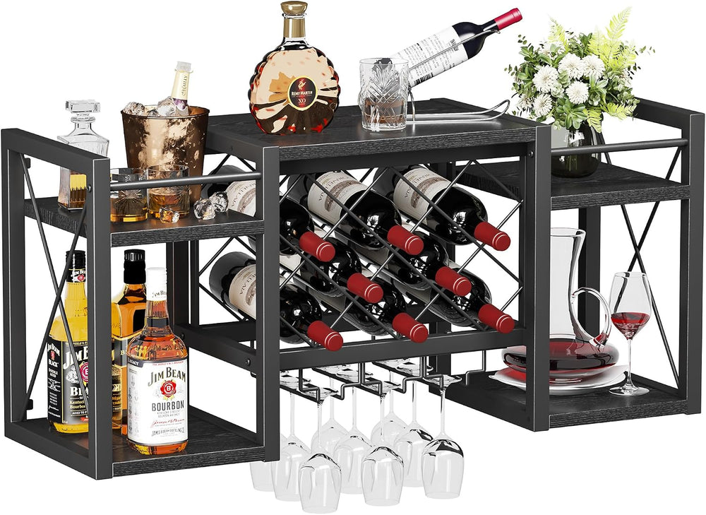 Wall Mounted Wine Rack with Glass Holder, Wood-Metal Retro Bar Shelf, Wine Bo...
