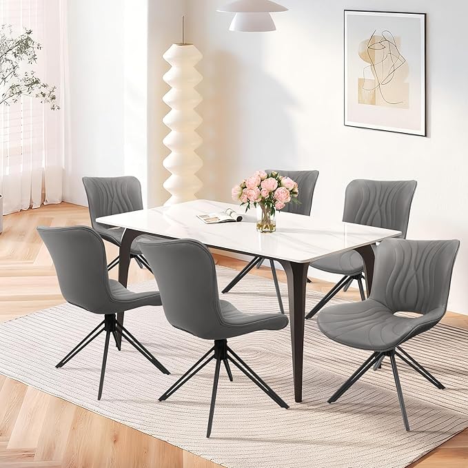 Dining Chairs Set of 6, 360° Swivel Upholstered Mid-Century Modern Kitchen Dining Room Chairs, Armless Faux Leather Accent Side Chair with Padded Back, Metal Legs for Living Room Bedrooms,Grey