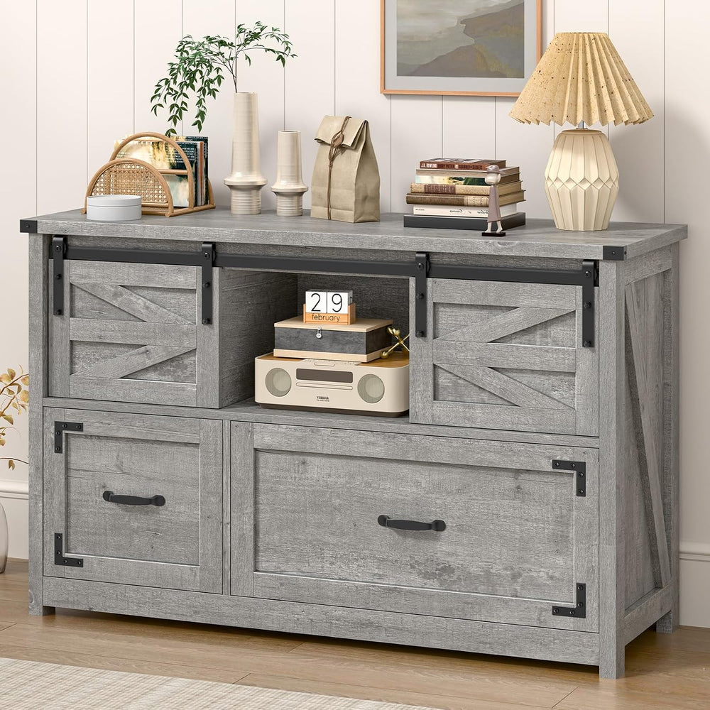 Halitaa Lateral File Cabinets 2 Drawer with Sliding Barn Doors, Grey | Farmho...