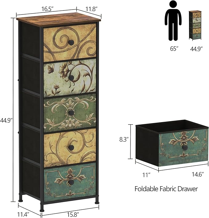 Tohomeor Small Dresser for Bedroom with Retro Flower Narrow Drawers Slim Ches...