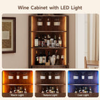 72" Tall Corner Bar Cabinet with LED Lights, Fluted Wine Bar Cabinet with Storage, Mid-century Modern Liquor Cabinets with Sliding Door & Wine Glass Holder, for Dining Room, Living Room Walnut