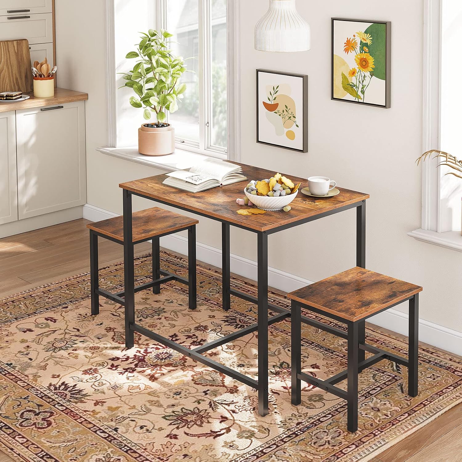 HOOBRO 3-Piece Industrial Dining Table Set, Kitchen Table, Space Saving Dinette for Kitchen, Dining Room, Small Space, Breakfast Nook, Living Room, Party, Rustic Brown and Black BF75CZ01G1