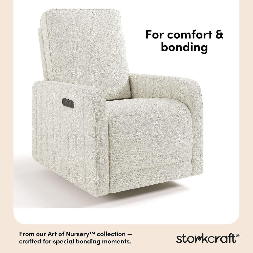 Storkcraft Kyoto Deluxe Power Recliner Swivel Glider, Ivory Boucle | Premium Electronic Power Recliner for Nursery, Includes Dual-USB Charging Port with USB-A & USB-C, Glider Rocking Chair