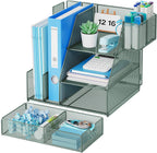 Marbrasse Desk Organizer and Accessories, 3-Tier File Organizer with Drawer and Pen Holder, Small Desktop Organizer and Storage for Workspace Office Supplies Green