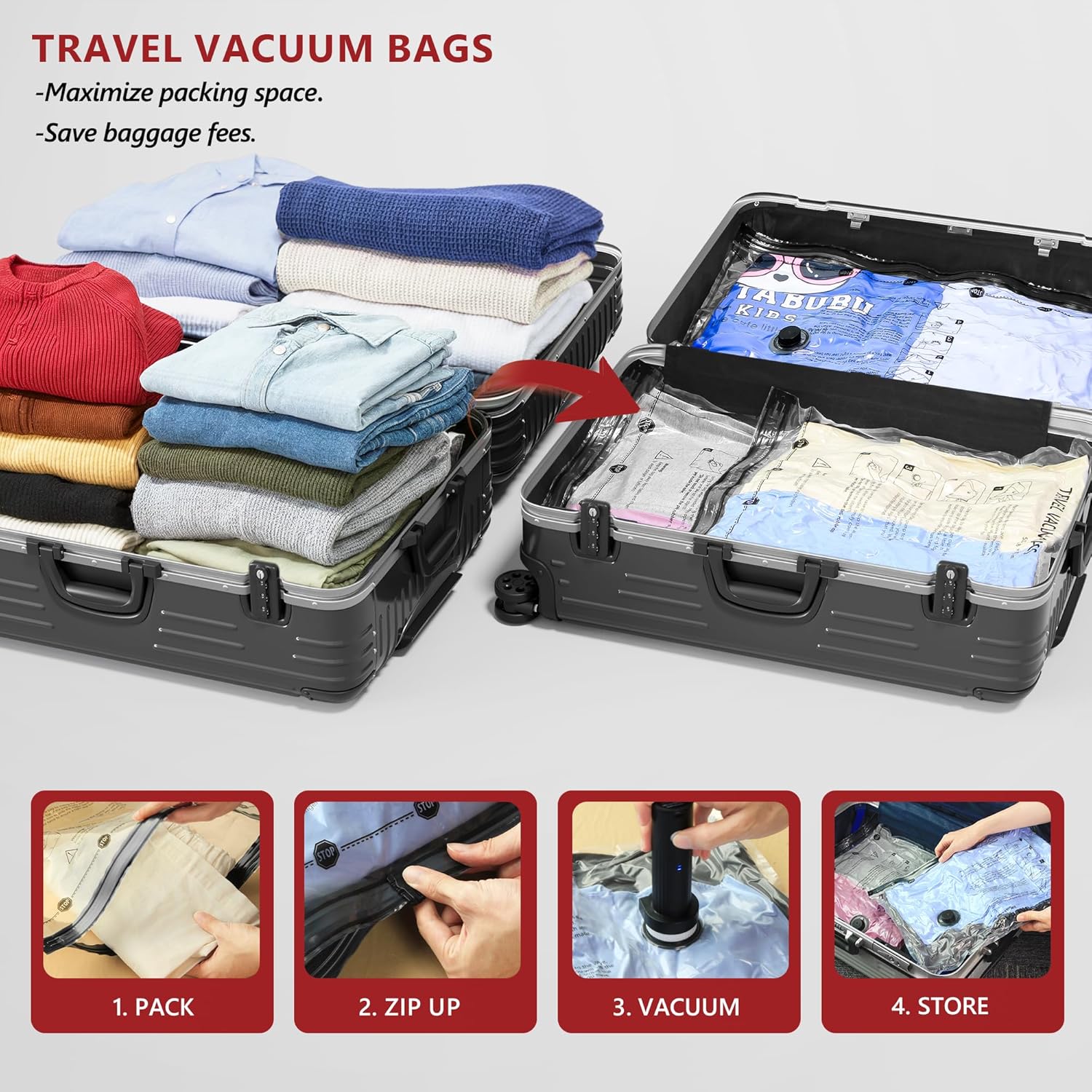 8 Medium Travel Vacuum Storage Bags for Clothing with Rechargeable Electric Pump, Compression Packing Cubes Organizer for Luggage Suitcase, Space Saver Seal Bags for Vacation Cruise