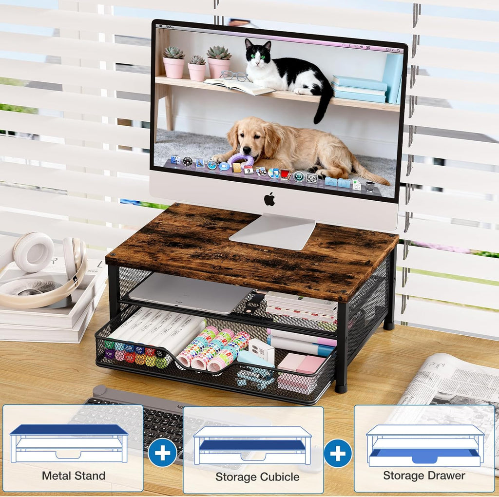 OPNICE Computer Monitor Stand Riser, Desk Organizer with Drawer, Laptop Stand, Office Desk Accessories & Workspace Desktop Organizers Storage for Office Supplies(Brown)