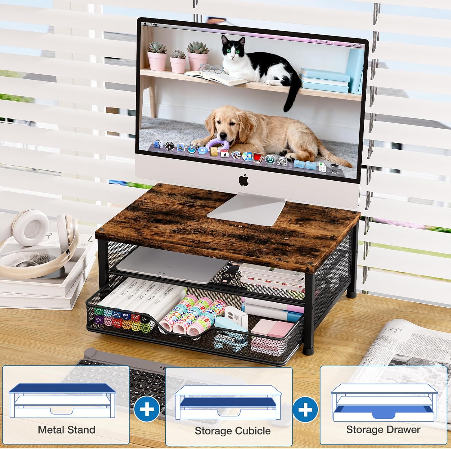 OPNICE Computer Monitor Stand Riser, Desk Organizer with Drawer, Laptop Stand, Office Desk Accessories & Workspace Desktop Organizers Storage for Office Supplies(Brown)