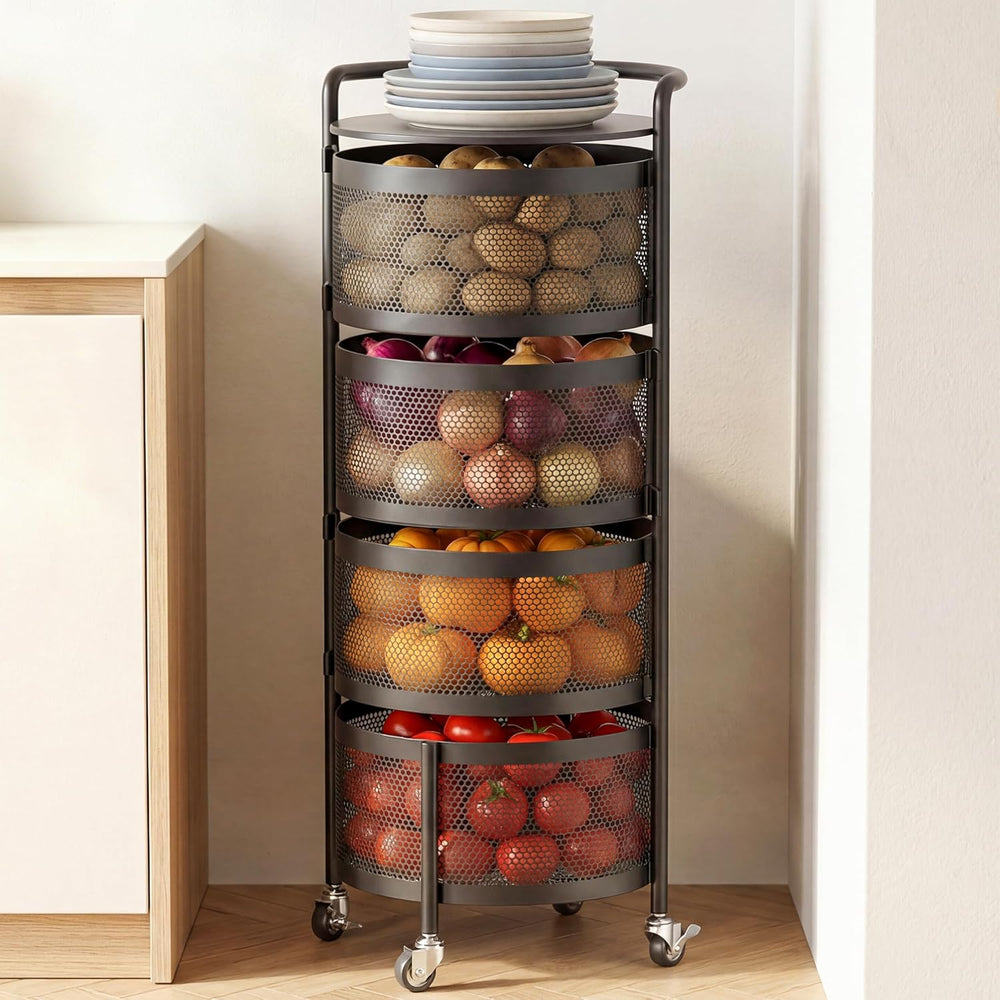 JAQ No Assembly Kitchen Storage Cart with Wheels, 4-Tier Rotating Vegetable &...