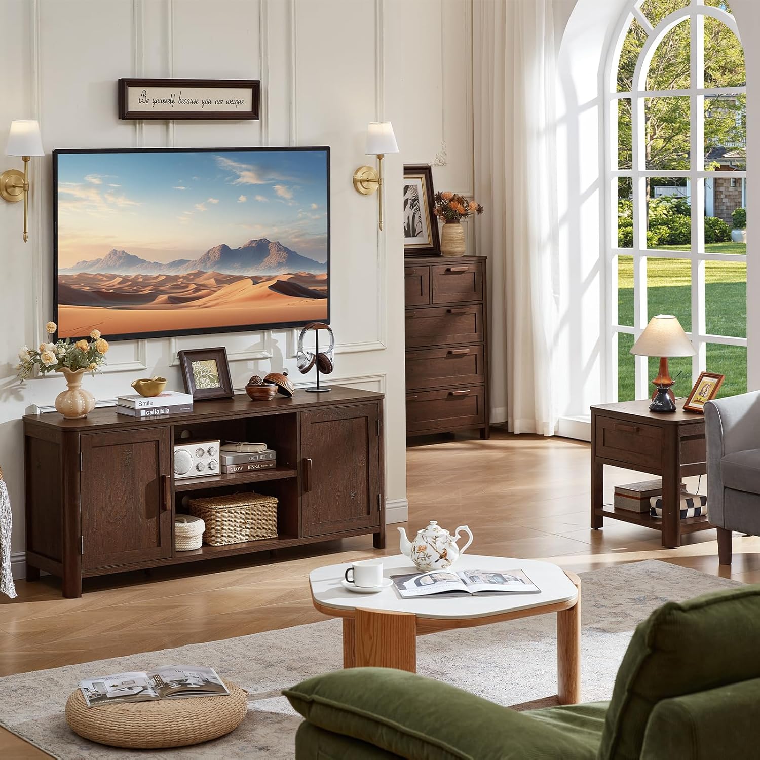 Joaxswe Farmhouse 55" Entertainment Center,Walnut Tv Stand with Adjustable Shelves & 2 Door Storage,Wooden Media Console Cabinet for TVs Up to 65 inches, Rustic Tv Stands for Living Room,Bedroom