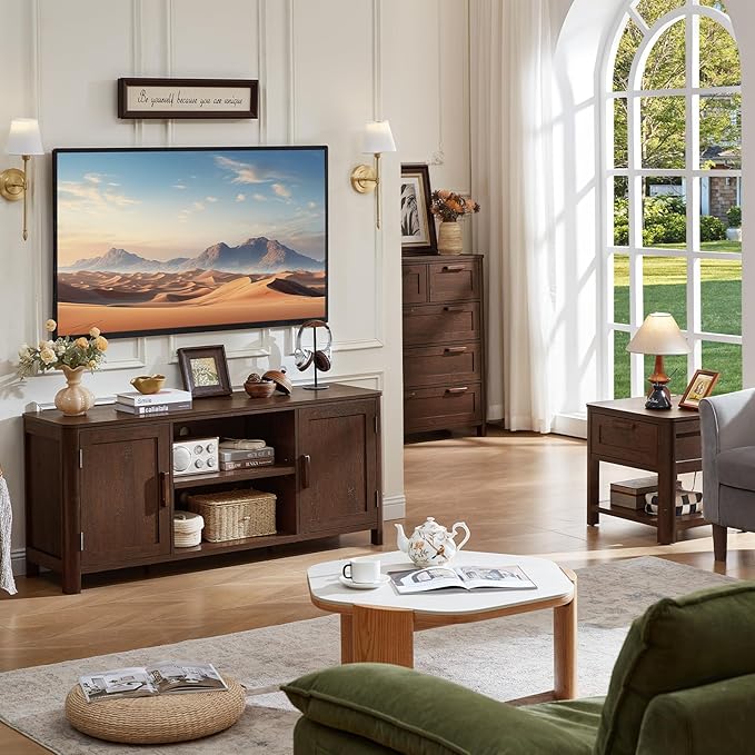 Farmhouse 55" Entertainment Center,Walnut Tv Stand with Adjustable Shelv...