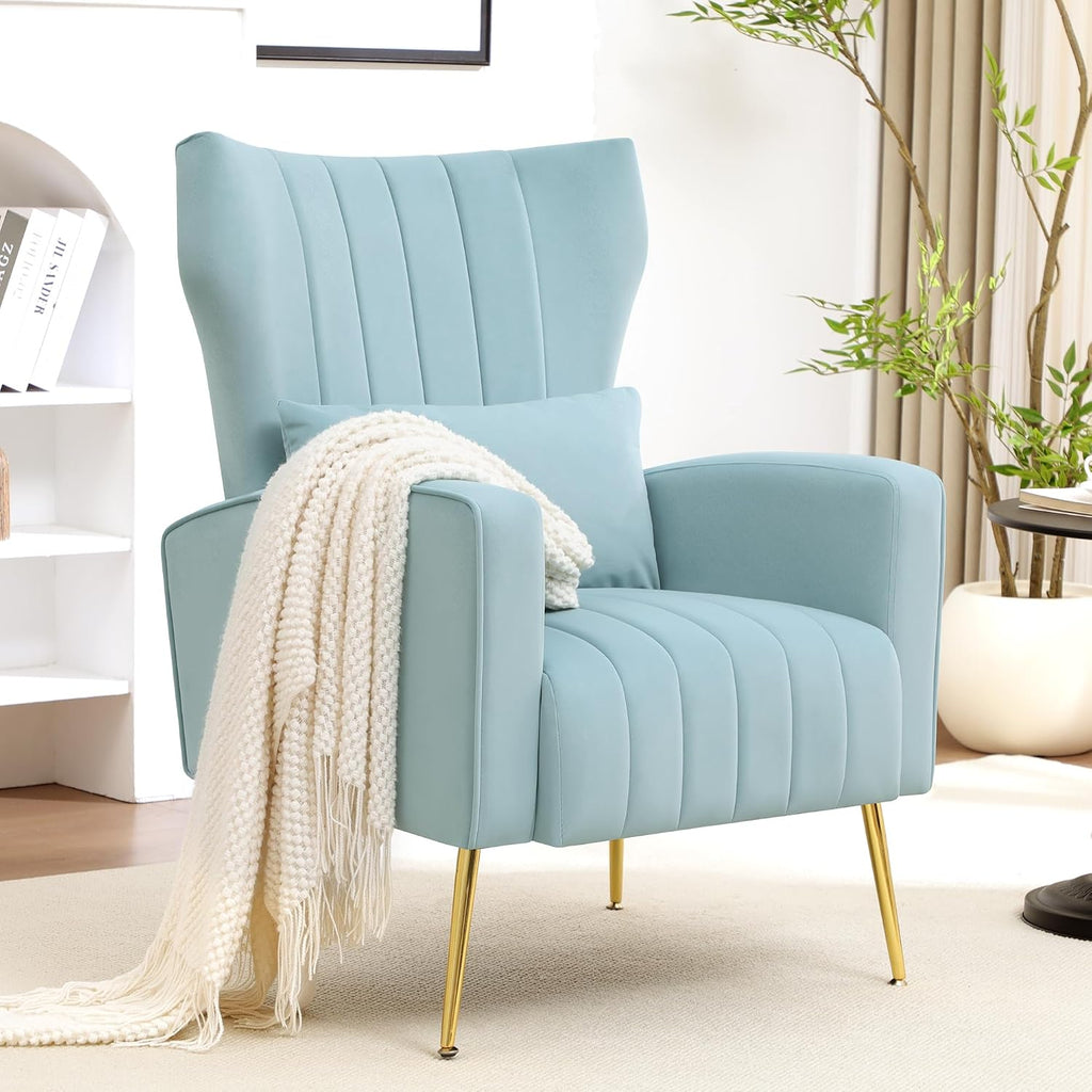 Modern Accent Chairs Set of 2 Upholstered Living Room Chairs,High Back Arm Chairs with Metal Legs Lumbar Reading Chair for Bedroom, Apartment, Small Spaces Sky Blue