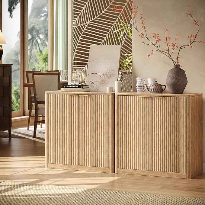63" Oak Buffet Cabinet with Storage, Large Fluted Sideboard with Adjustable Shelves, Accent Credenza for Living Room, Entryway, Dining Room, Kitchen, Coffee Bar Table with Doors