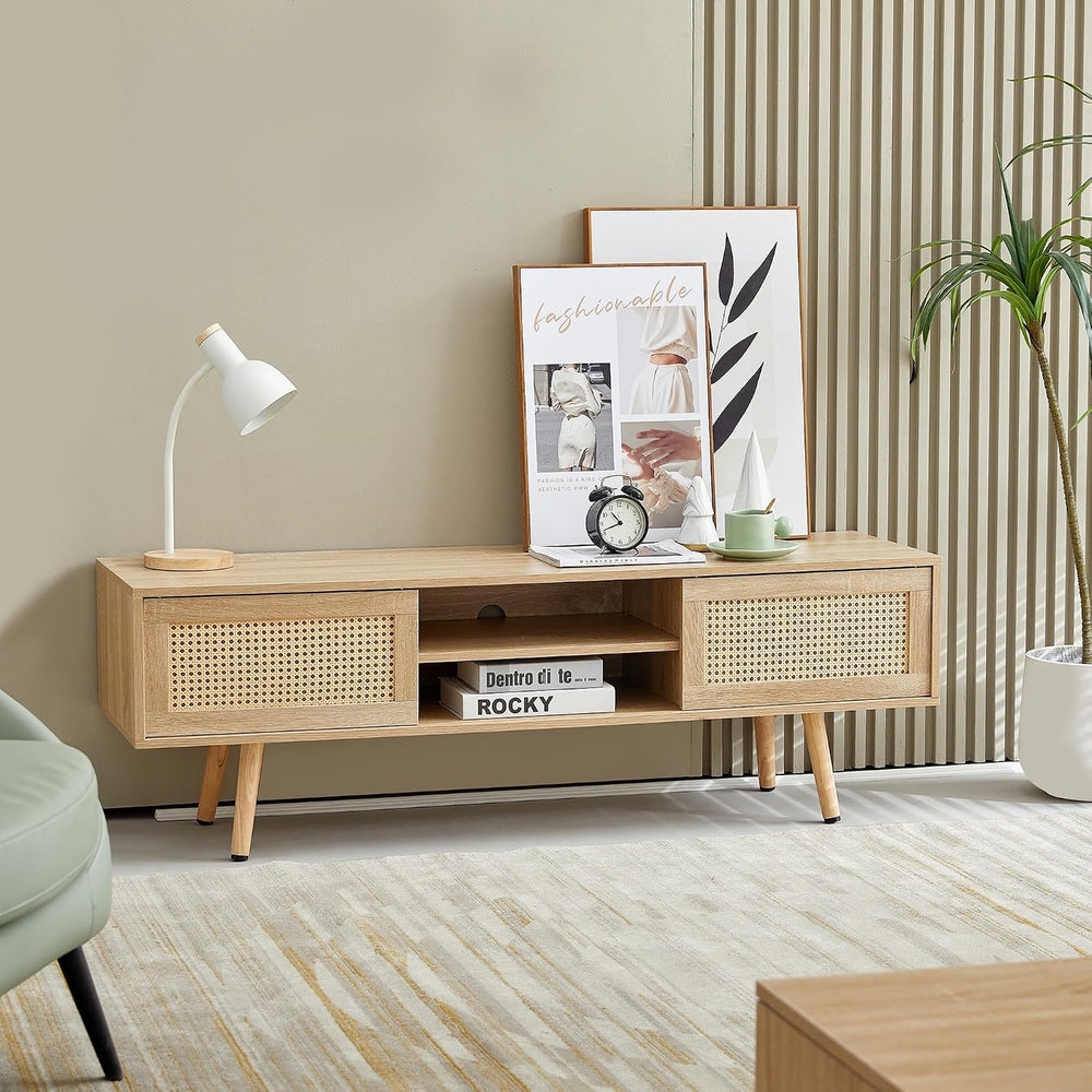 Rattan Weaving in Natural Wood Color TV Stand for TVs up to 55 Inch, TV Cabin...