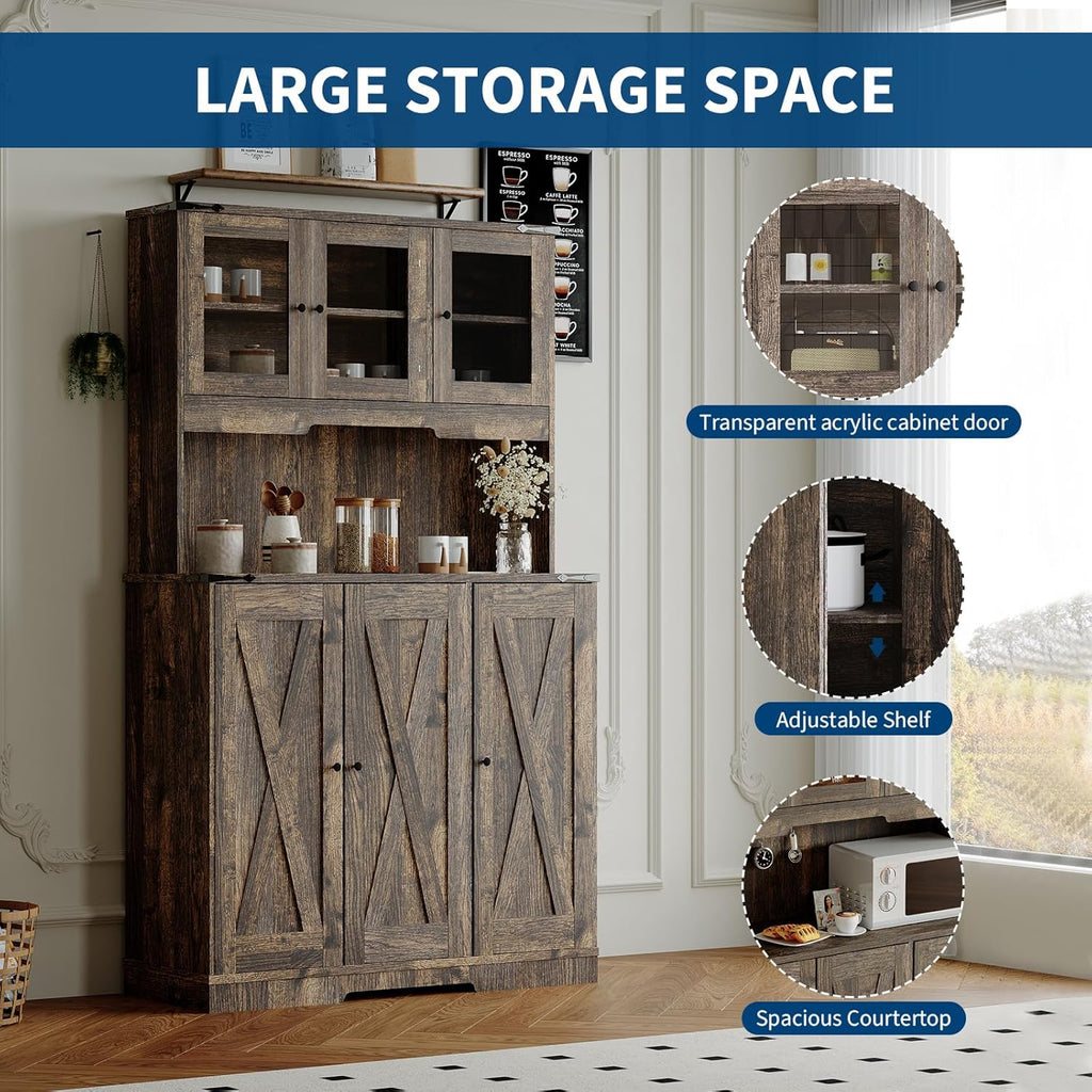71" Tall Kitchen Pantry Cabinet with Charging Station, Farmhouse Kitchen Hutch Cabinet with Open Countertop, Coffee Bar Food Pantry Cupboard for Living Dining Room, Brown