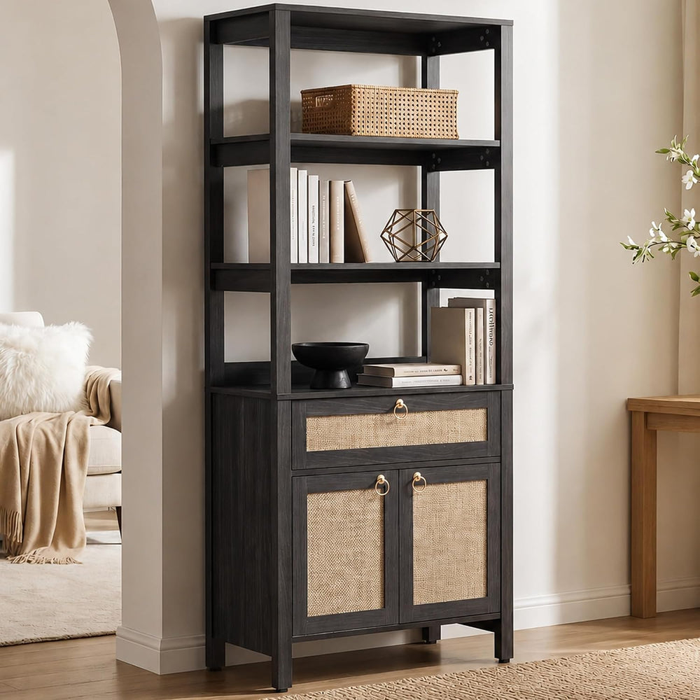 SICOTAS 68.5" Tall Boho Rattan Bookshelf with Drawer and Storage Doors