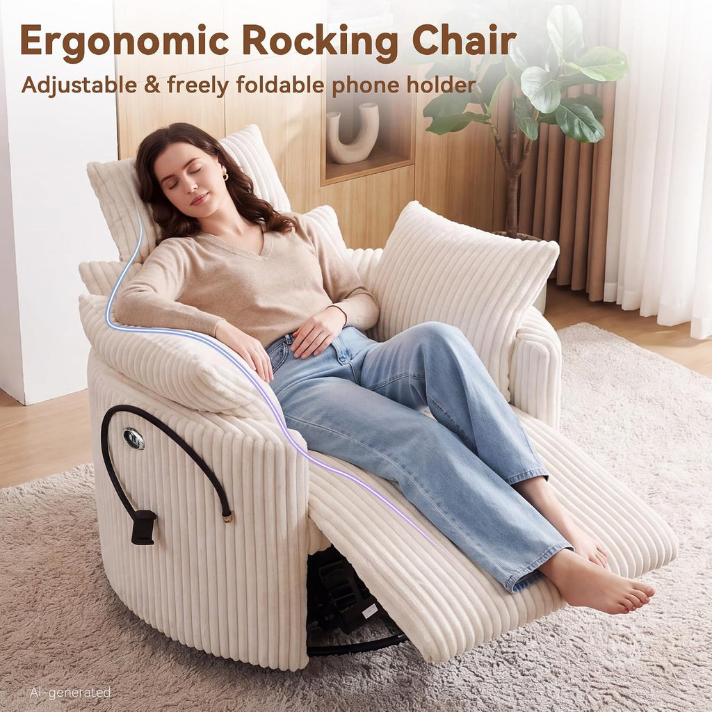 FOXHUNTER Power Nursery Rocking Chairs 300°Swivel Corduroy, White | 30° Rocking Mode, Glider Rocking Recliner With USB Port, Phone Holder,2 Cushions, Adjustable Headrest,for Living Room