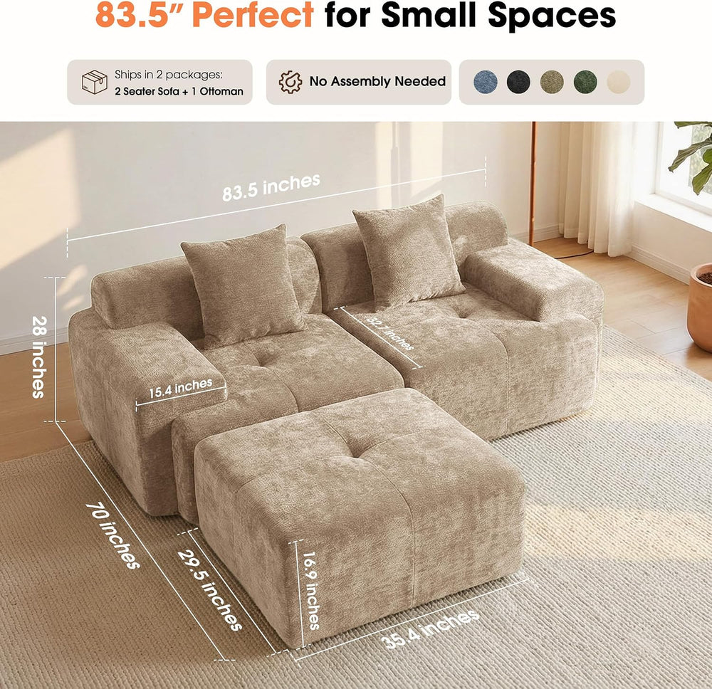 84" Modular Loveseat Couch, 60" Deep Seat Boneless Sofa with Ottoman