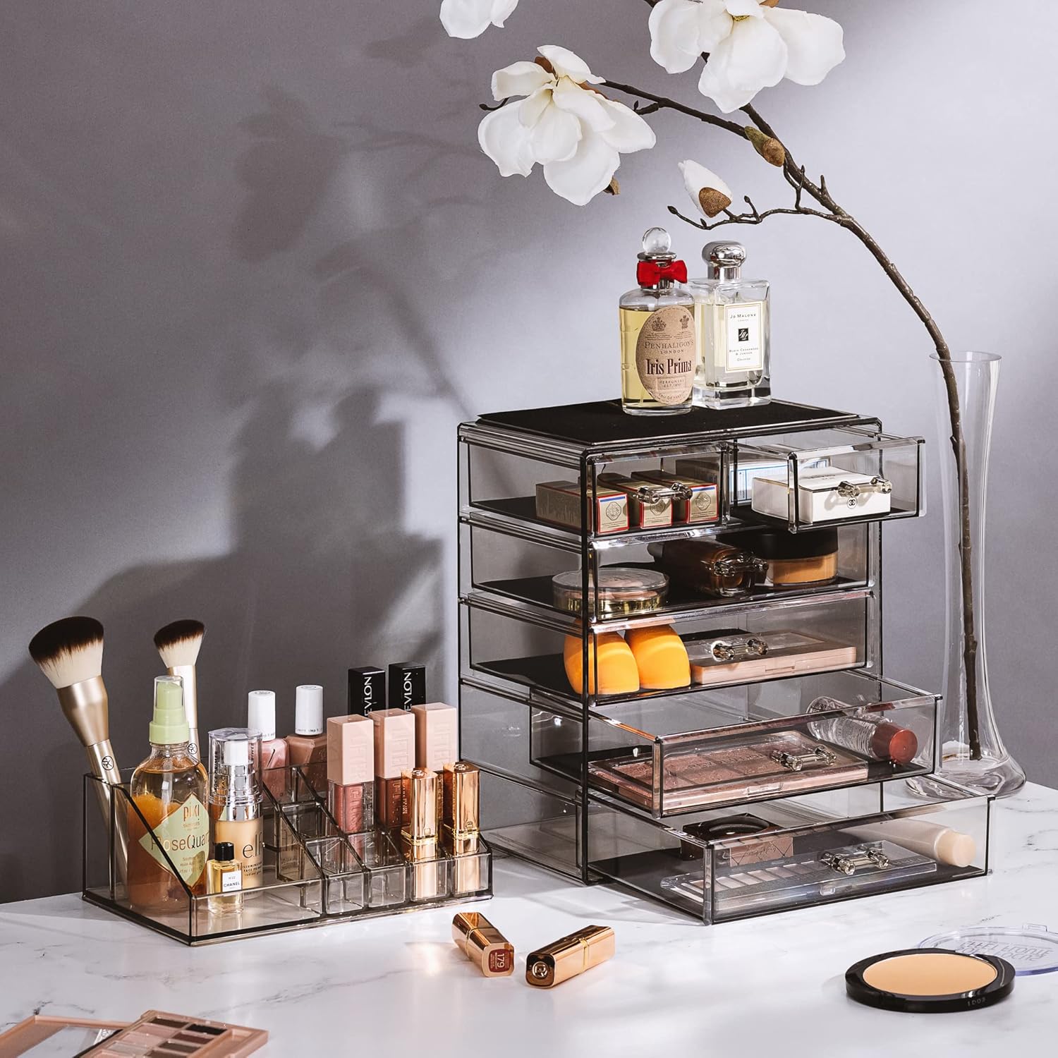 Sorbus Acrylic Makeup Organizer Set, 6-Drawer Vanity & Countertop Cosmetic Storage with Small & Wide Compartments, Black-Tint Makeup Storage for Brushes, Jewelry – Holiday Gift for Women & Teens