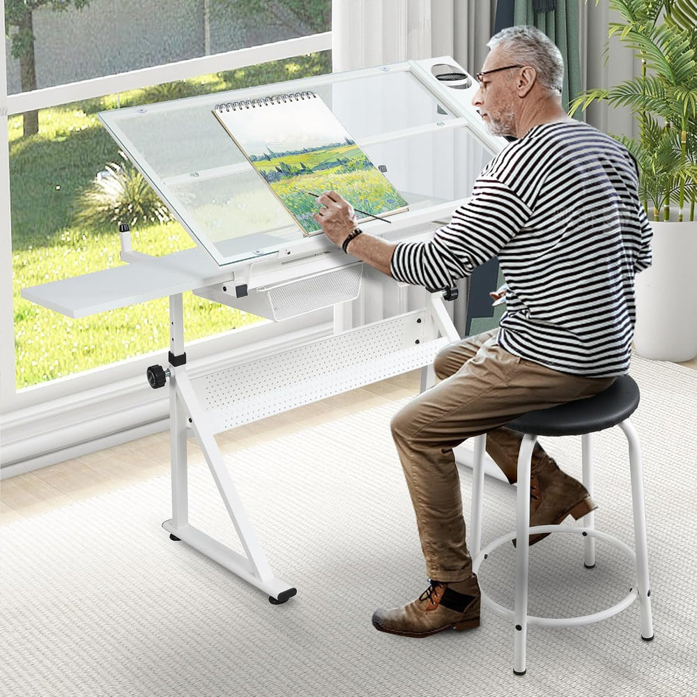 Height Adjustable Drafting Table Desk w/Stool, Tempered Glass Top | Art Craft...