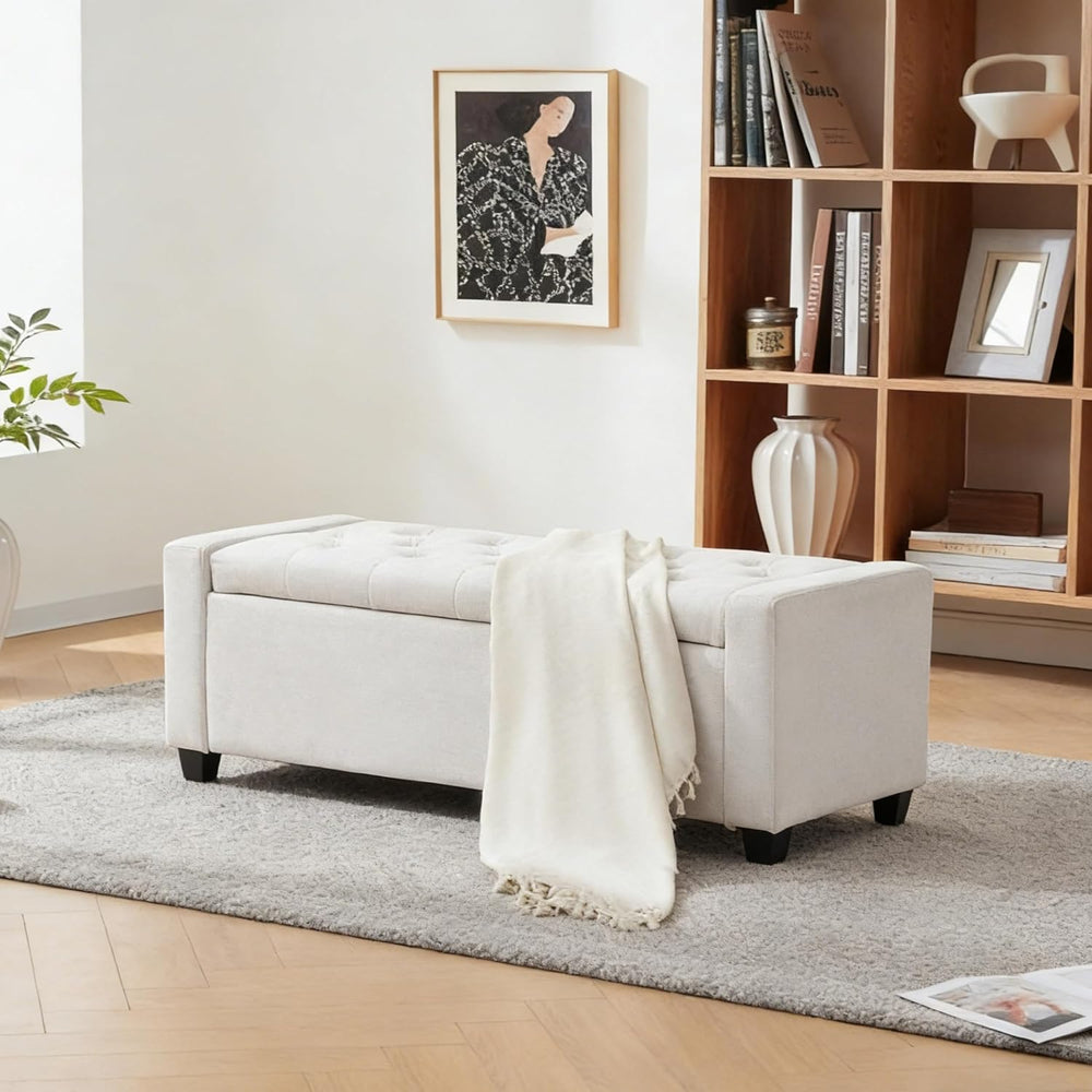 48" Storage Bedroom Bench for End of Bed, Faux Linen Upholstered Storage...