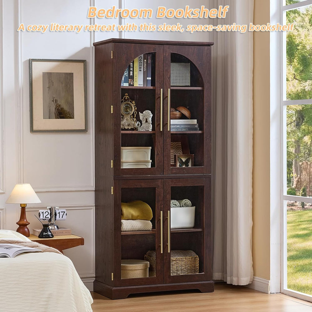 Joaxswe 72" Tall Bookshelf with 4 Curved Glass Doors, Farmhouse Bookcase...