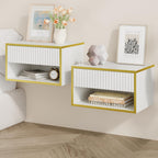4ever2buy Floating Nightstand Set of 2, Modern Wall Mounted Nightstand with Open Shelf and Fluted Drawer, White and Gold Night Stand for Bedroom, White