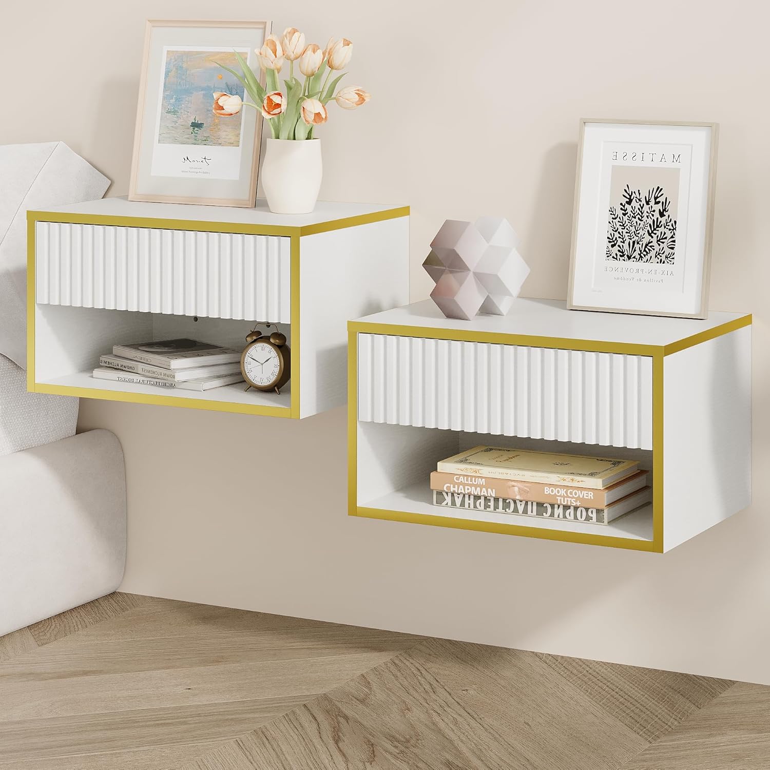 4ever2buy Floating Nightstand Set of 2, Modern Wall Mounted Nightstand with Open Shelf and Fluted Drawer, White and Gold Night Stand for Bedroom, White