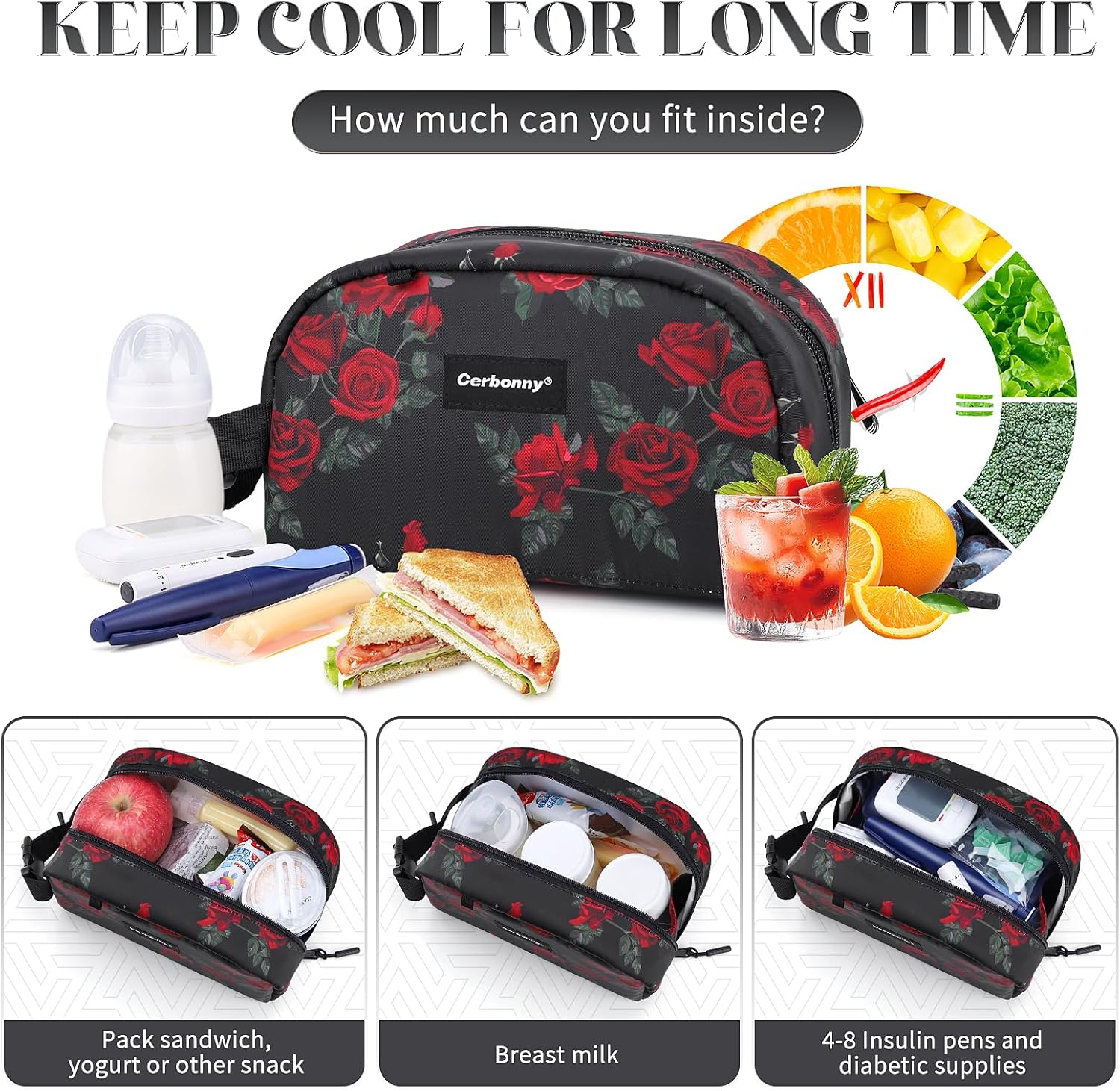 Cerbonny Reusable Lunch Bag, Freezable Insulated Cooler Bag for Work School Travel, Leak-Proof, 2.5L, Rose Flower, Floral Pattern