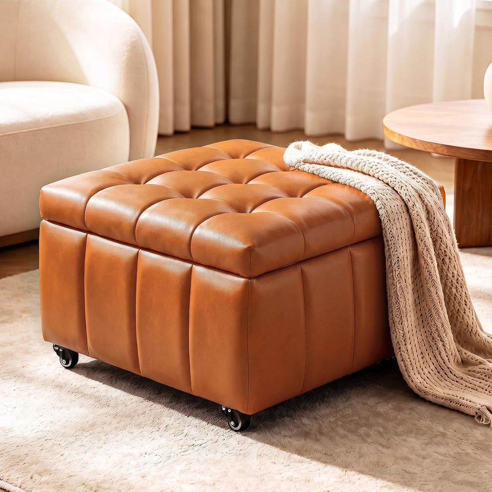 Square Leather Ottoman with Storage and Wheels,360°Rolling ottoman,Faux Leath...