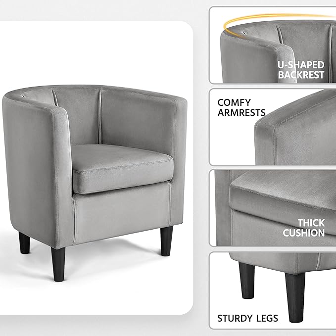Yaheetech Accent Chair, Modern Velvet Armchairs with Big Ample Seat, Cozy Upholstered Barrel Sofa Chair for Living Room Bedroom Waiting Room, Set of 2, Gray