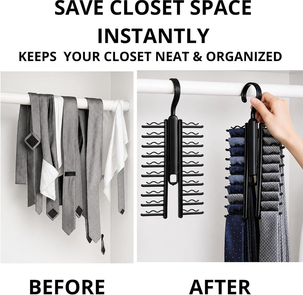 Tie Hanger for Men – 2 Pack Space-Saving Tie Organizer for Closet – Durable Plastic Scarf & Belt Hanger – 20-Tie Capacity Rack, Black – Closet Organizer for Ties, Scarves & Accessories