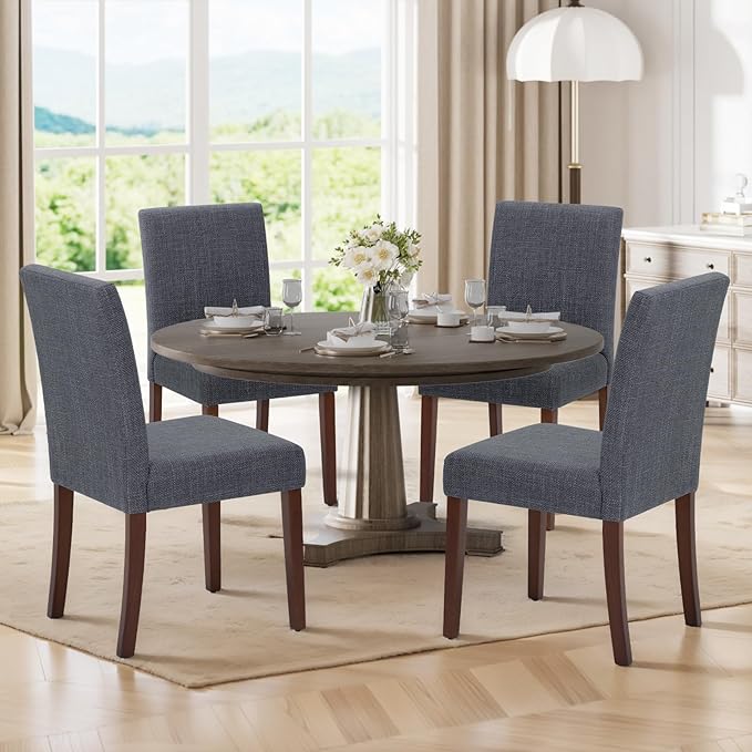 Upholstered Parsons Dining Chairs Set of 4, Modern Dining Room Chairs with Back, Fabric Kitchen Side Chairs with Wood Legs for Dinner Farmhouse Restaurant, Dark Grey