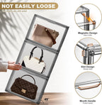 4 Pack Handbag Storage Organizer for Closet, ULENDIS Transparent Gray Acrylic Display Case for Handbag Purse, Stackable Storage Organizer with Magnetic Door for Wallet Book Cosmetic Toys Display