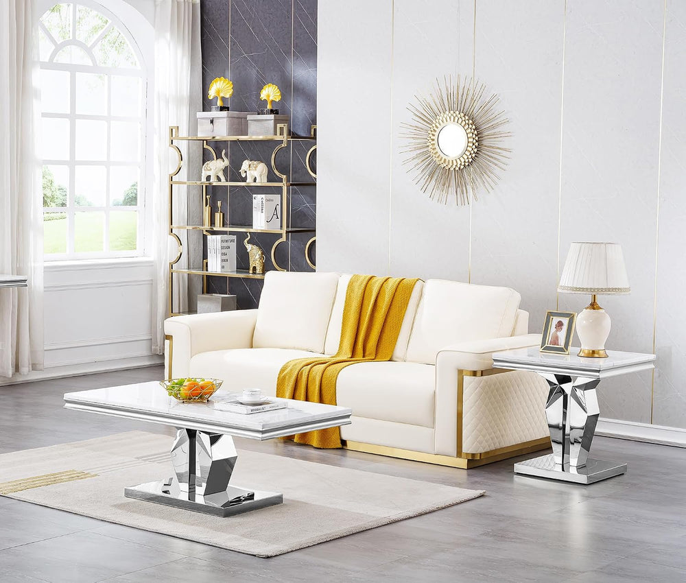 23in Faux Marble End Table w/Y Stainless Steel Base, Night Stand Square End T...