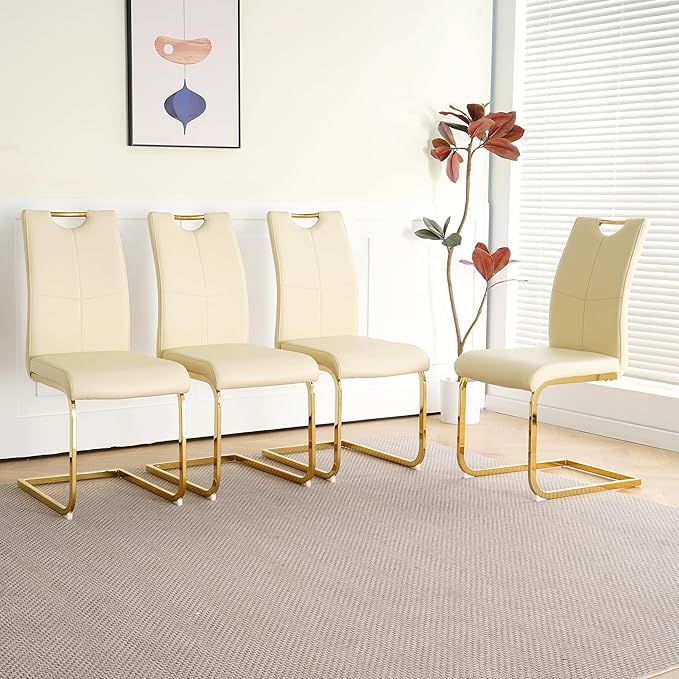 Goujxcy Dining Chairs Set of 4, Modern High Back Kitchen Chairs with Metal Legs and Faux Leather Padded Seat Upholstered Dining Chairs for Dining & Kitchen,Living Room (Light Yellow&Gold, Set of 4)
