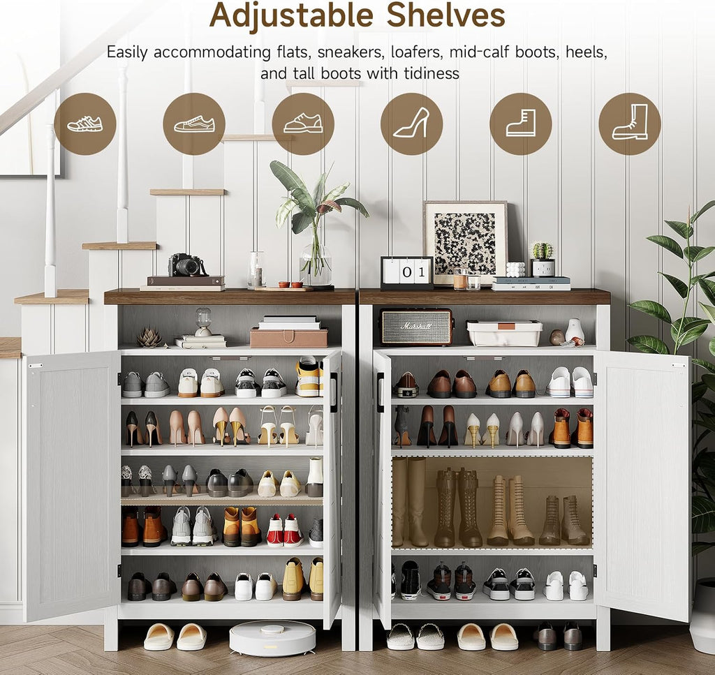 6-Tier Shoe Cabinet with Doors,Farmhouse Shoe Storage Cabinet,White | Narrow Shoe Cabinet with Adjustable Shelves, Large Capacity Wooden Shoe Rack Organizer for Entryway, Hallway, Living Room