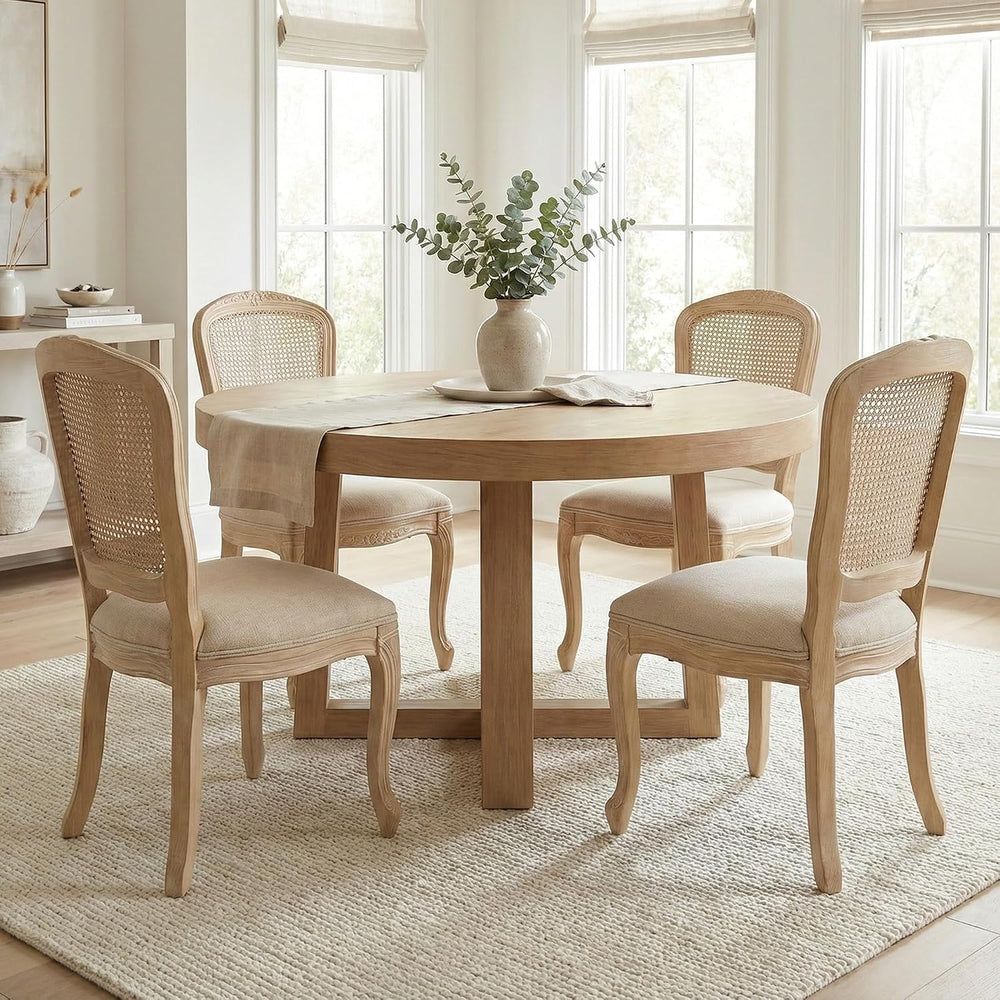 Wicker Dining Chairs Set of 4, Upholstered Linen Fabric Dining Room Chairs wi...