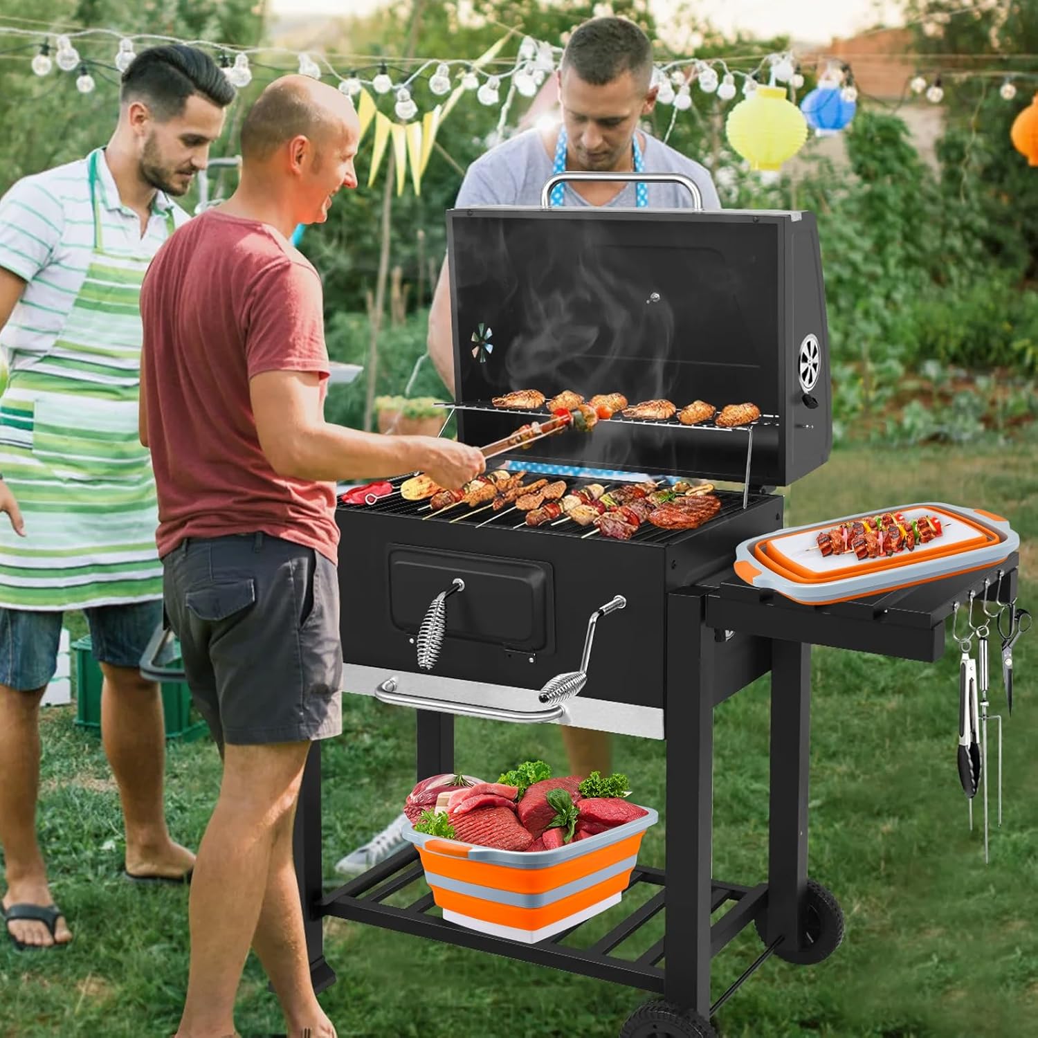 Collapsible BBQ Prep Tub with Cutting Board - 7.95 Gal/30L Food-Grade Container - BPA-Free, Space-Saving w/Lid & Drain Hole - for Grilling, Camping, Offset Smoker (Orange)