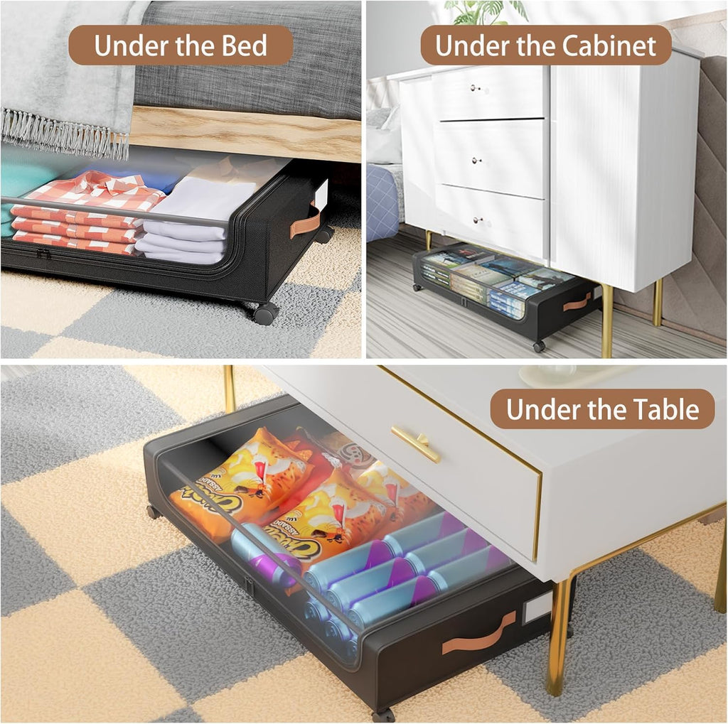 Under Bed Storage with Wheels, UnderBed Storage Containers with Clear Lid and Handles, Under the Bed Storage Bins Drawers for Clothes,Blankets,Shoes,Books (BLACK, 4 PACK)