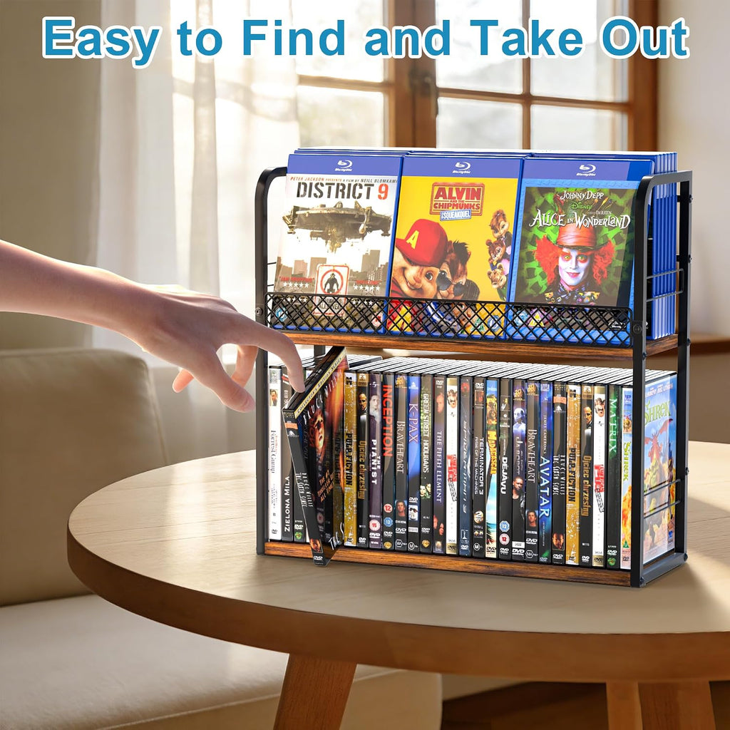 Alyoen 2-Tier DVD Storage Rack, DVD Shelf, DVD Holder Organizer with Display Top Shelf & Non-slip Pads, Stores Up to 56 DVDs, Retro DVD Stand Tower for Music Enthusiasts, Collection