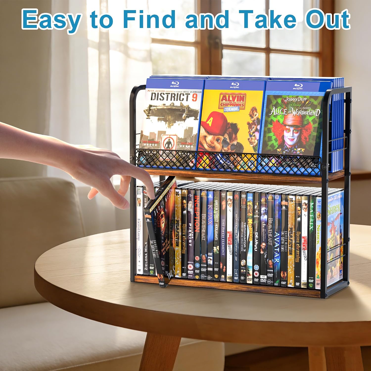 Alyoen 2-Tier DVD Storage Rack, DVD Shelf, DVD Holder Organizer with Display Top Shelf & Non-slip Pads, Stores Up to 56 DVDs, Retro DVD Stand Tower for Music Enthusiasts, Collection