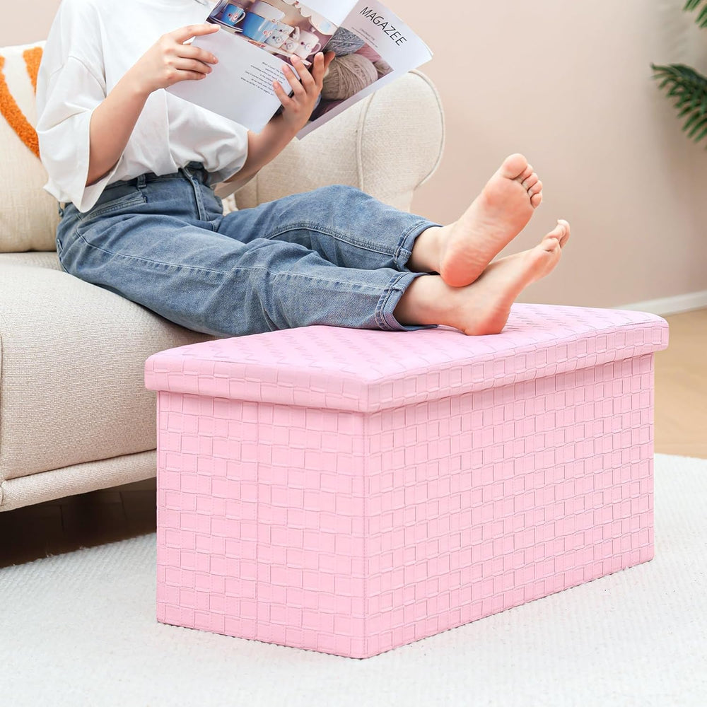 B FSOBEIIALEO Folding Storage Ottoman Bench, 30" Faux Leather Ottomans,P...