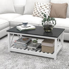 Farmhouse Coffee Table for Living Room, 2-Tier Rectangular Wooden Centre Cocktail Table with Slats Shelf Storage and V-Shaped Frame, Oak Blak