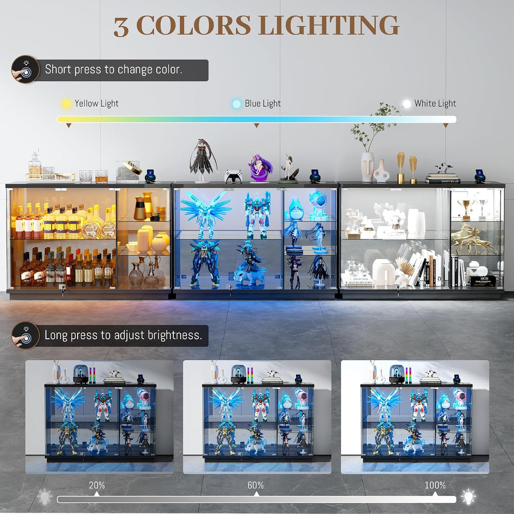 Gurexl 47.2" W Glass Display Cabinet with 3-Color LED Lights, 5-Tier Loc...