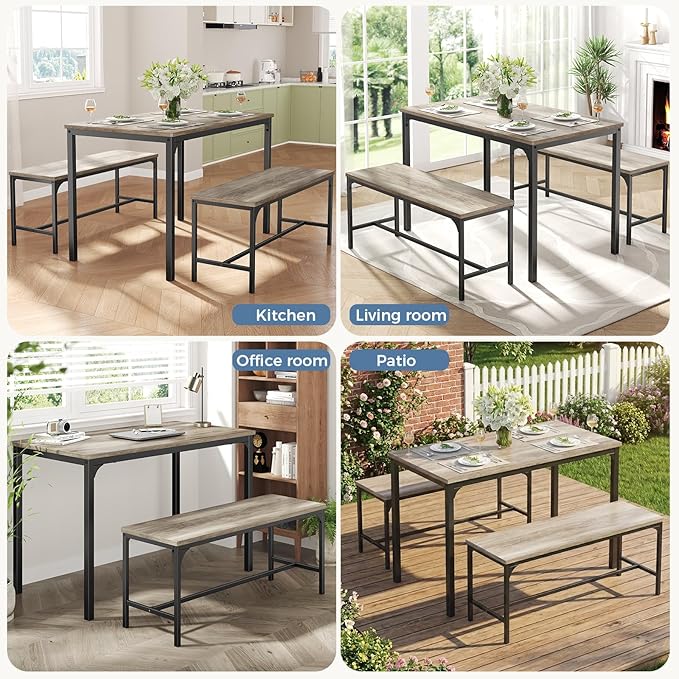 DUMOS Dining Table Set, Dining Table for 4 with Bench,Kitchen Table, Space-Saving Ideal 4-Person Set for Dining Room Kitchen Apartment Corner Grey 3 Pack