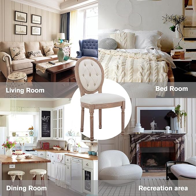 Nrizc French Country Dining Chairs Set of 2, Farmhouse Dining Chairs with Round Button Back, Solid Wood Legs, Oval Side Chairs for Kitchen/Bedroom/Dining Room