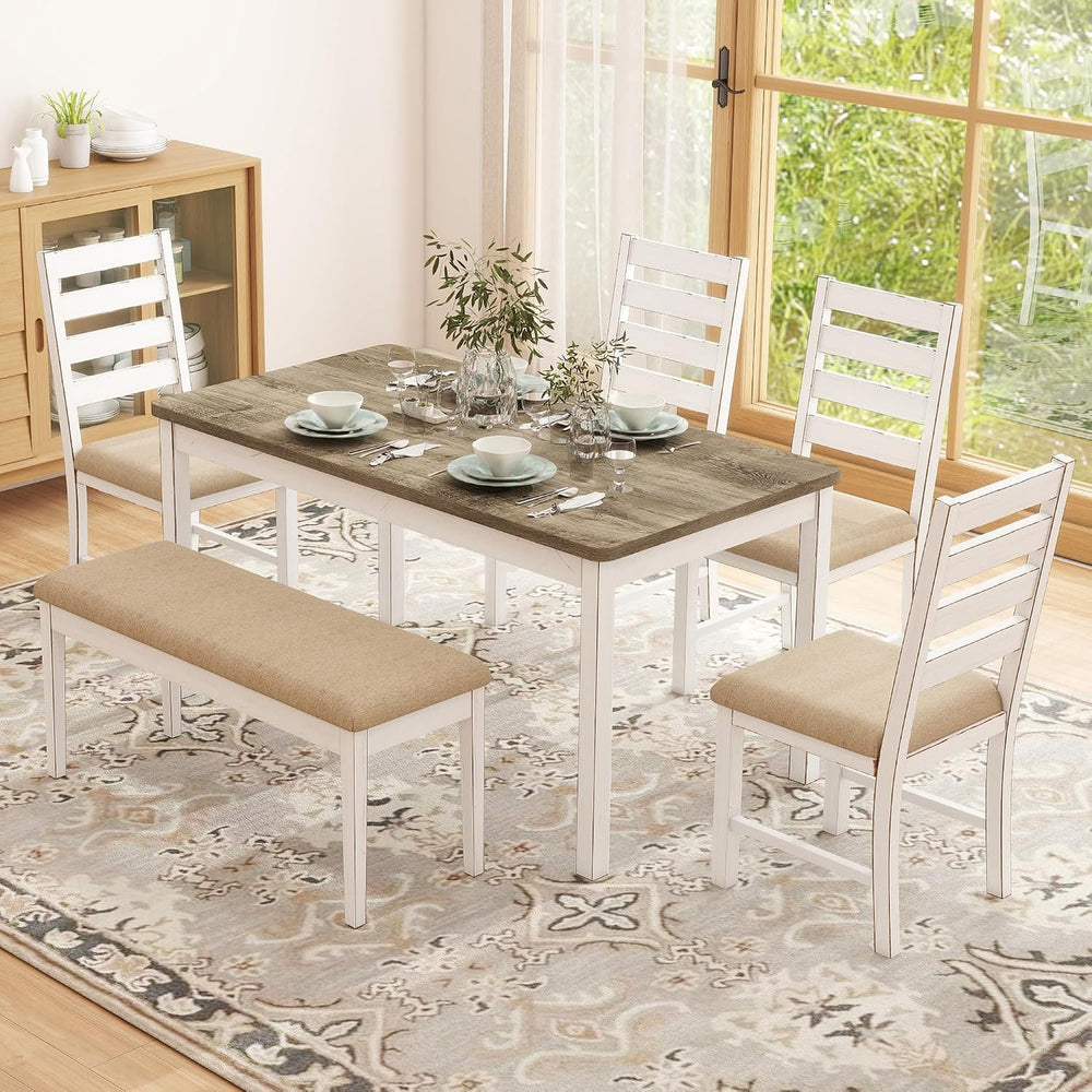 ROCSUMOO 6 Piece Farmhouse Dining Table Set of 6 with 4 Chairs & 1 Bench ...