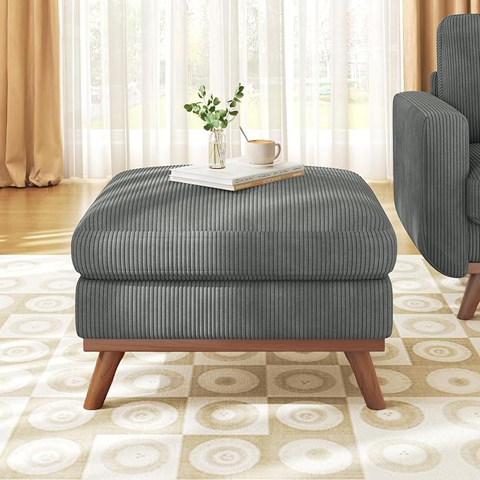 Vesgantti Large Ottoman for Modular Sofa, 29.5" Corduroy Ottoman with Spring Cushion, Rectangle Foot Rest for Couch, Entrance Footstool with Wood Legs, Footstool for Living Room, Bedroom, Dark Gray